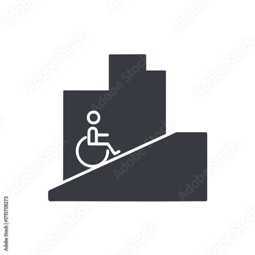 This simple graphic icon depicts a person in a wheelchair on an access ramp leading to a building, symbolizing crucial accessibility and inclusive design.
