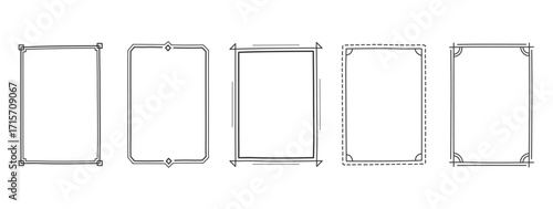 Five hand drawn rectangular frames with various decorative borders and corner designs