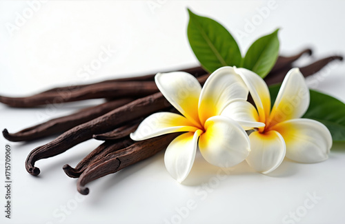 Bundle of dried vanilla beans with delicate white, yellow plumeria flowers, green leaves on white background. Aromatic spice ingredient for baking, cooking, desserts, perfumery. Natural flavor.