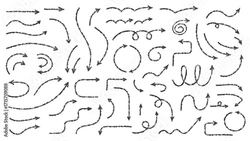 Collection of hand drawn chalk textured arrows in various directions