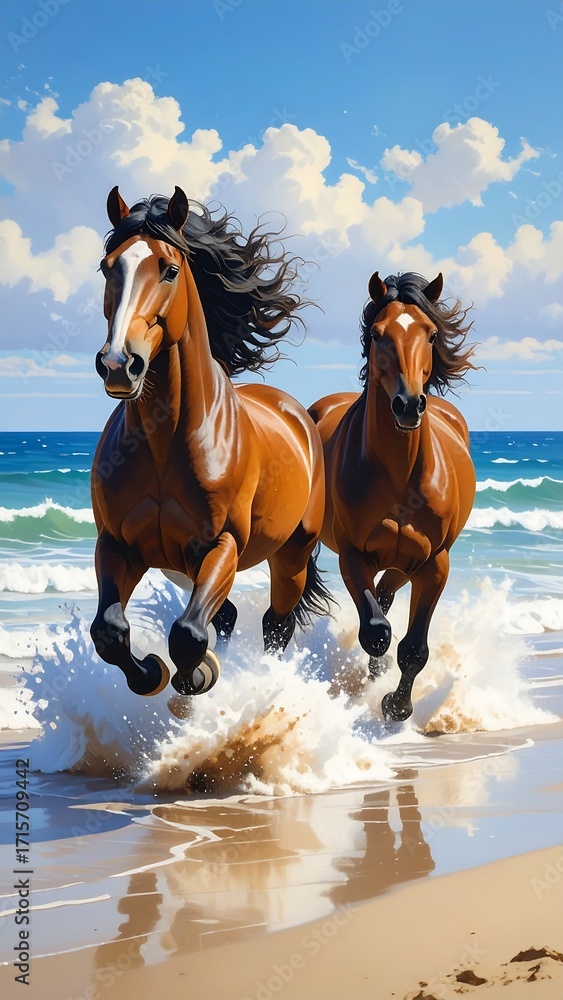 Fototapeta premium Two spirited horses gallop across a sun-drenched beach, their manes flowing in the ocean breeze, as waves crash around their powerful legs.