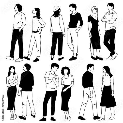 Group of standing and walking  business people, vector silhouettes of men and women, front and back view, profile, hand draw, linear sketch, black and white color, isolated on white background