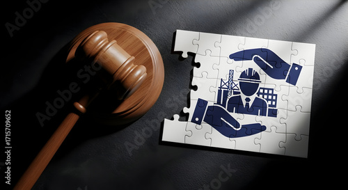 Lawyer's gavel beside puzzle showing worker safety and industry protection