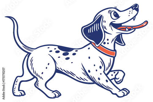 Cartoon Spotted Dog Vector, Happy Puppy Running with Collar on White Background