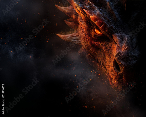 Close-up portrait of fire demon dragon with glowing eye horror fantasy