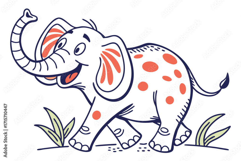 Obraz premium Cartoon Spotted Elephant Walking with Happy Expression on White Background