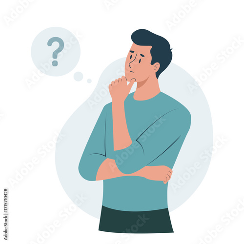 Young man thinking with question marks and hand on chin. Concept of problem-solving, decision-making, puzzled expression, confusion, choices, brainstorming. Flat character vector illustration. 