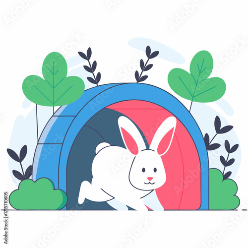 White rabbit running out of colorful tunnel in a garden setting  