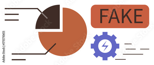 Pie chart with labeled segments, FAKE text block, and gear with lightning bolt. Ideal for data analysis, misinformation, fraud detection, technology, problem-solving education and ethics. Simple