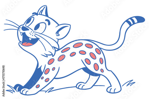 Cartoon Spotted Cat with Blue Outline on White Background Playful Style