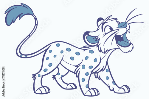 Cartoon Spotted Lion Character Roaring with Blue Accents on a White Background