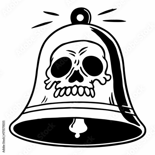 Skull bell illustration in black and white on a plain background  