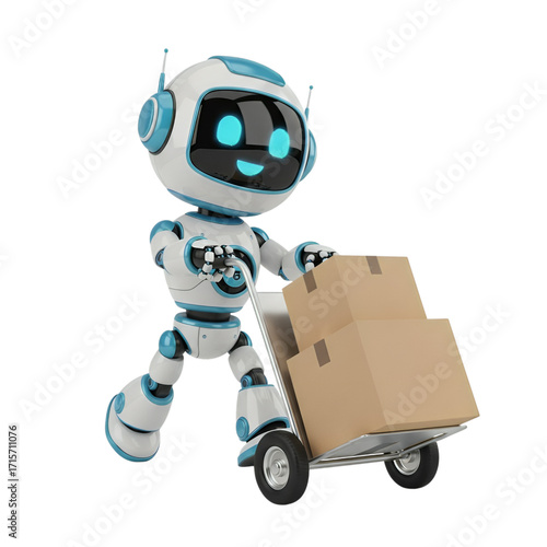3d illustration of cute delivery robot carrying boxes isolated on transparent background for delivery service