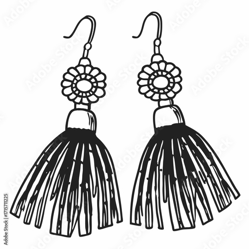 Black tassel earrings with floral design on white background  