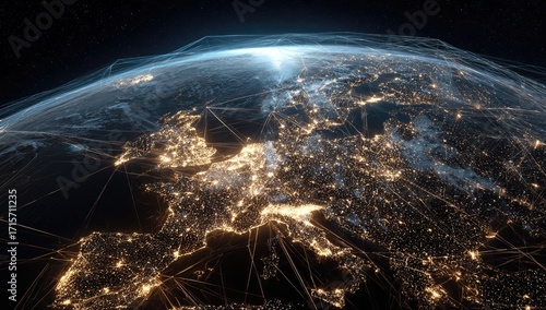 A nighttime, space-based view of Earth, centered on Europe, showcasing city lights interconnected by a luminous network representing global communication and connectivity