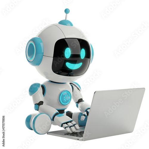 3d illustration of cute robot using laptop isolated on transparent background