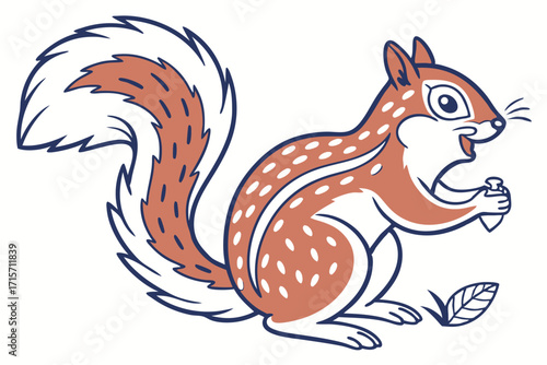 Cartoon Squirrel Holding Nut in Outline Style on White Background
