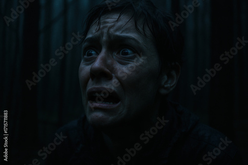 Desperate cry of Fear: A close-up, emotionally charged portrait of a woman expressing raw, unadulterated fear in a dimly lit forest, her face etched with desperation and distress.