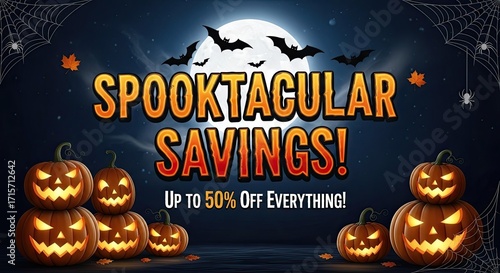 Photo of spooktacular savings halloween sale banner with pumpkins, bats, and a full moon, offering up to 50 off everything for a limited time promotion