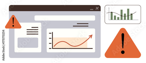 Rising red trend line on a data dashboard with exclamation signs. Ideal for performance monitoring, risk analysis, business strategy, financial forecasting, data insights, caution, simple flat