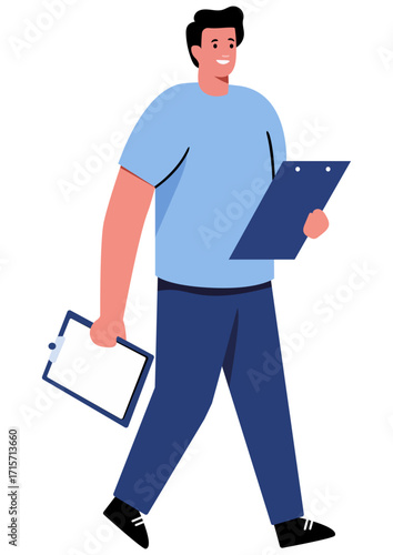 Man interviewer walking and holding clipboard. Professional carrying document for business presentation. Concept of planning, survey, report and organization.