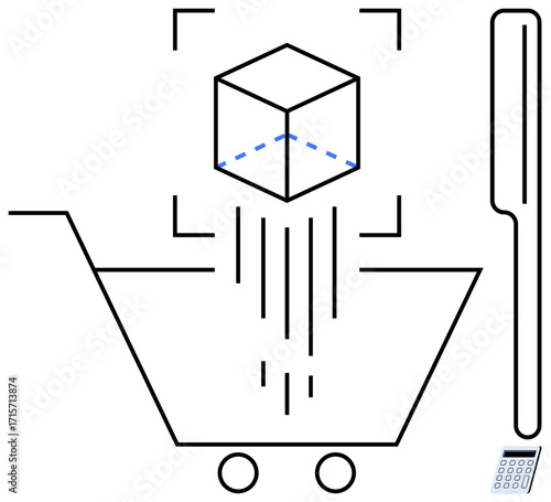 Shopping cart beneath scanned 3D cube with barcode scanner nearby. Ideal for e-commerce, technology, retail, logistics, automation, programming, and digital transformation. Simple flat metaphor