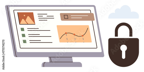 Computer monitor displaying data reports with chart and document elements beside a lock sign. Ideal for cybersecurity, privacy, data protection, encryption, online safety, monitoring, and secure