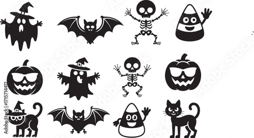 Black Halloween icons pumpkin ghost skeleton cat bat candy corn white