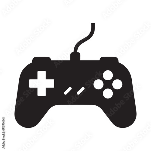 Minimalist dark silhouette icon of a classic video game controller isolated on white background