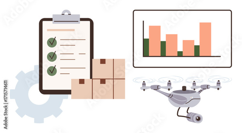 Checklist with green ticks, piled boxes, monitoring quadcopter, and data chart. Ideal for logistics, supply chain, automation, warehouse management analytics stock control innovative efficiency