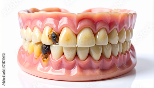 Rotten teeth dental model showing decay and plaque cavities