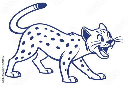 Cartoon Style Jaguar Growling in Blue on White Background