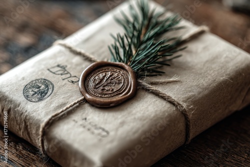 A brown paper package is tied with string and sealed with wax.