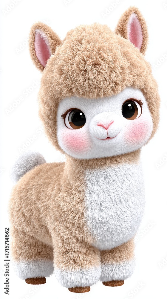 Fototapeta premium Adorable Tan Alpaca Plush Toy with Rosy Cheeks
