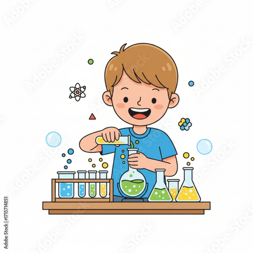A happy boy doing a science experiment, mixing colorful liquids in test tubes and flasks.