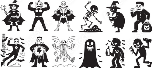 Halloween characters posing with capes and props witch pumpkin