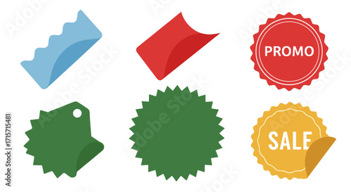 Collection of colorful blank and labeled promotional tags and stickers for sales and offers.