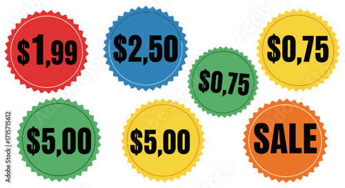 A collection of colorful circular price tag stickers with various amounts and a sale sign.