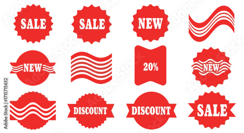Collection of red sale, new, and discount tags with wavy ribbon elements.