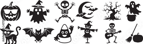 Spooky Halloween characters black silhouettes scary ghost pumpkin skeleton
