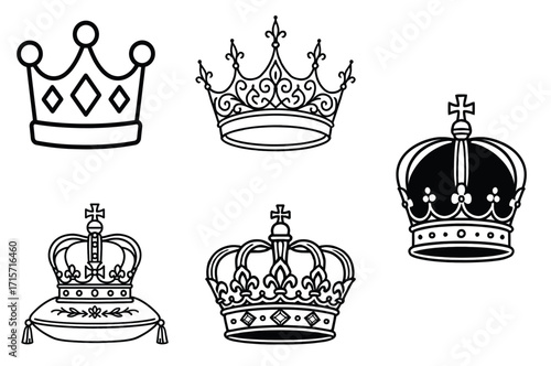 Collection of Royal Crowns Vector Icons - King, Queen, and Prince Symbols