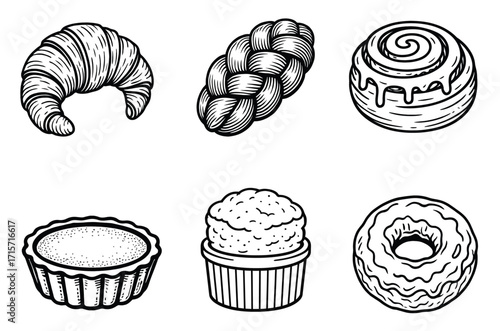 Bakery Pastry Items Set Hand Drawn - Croissant, Donut, and Cupcake