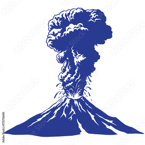 Stylized vector illustration of an erupting volcano with thick smoke and volcanic activity