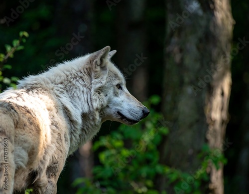 Profile of a light-colored wolf in a forest