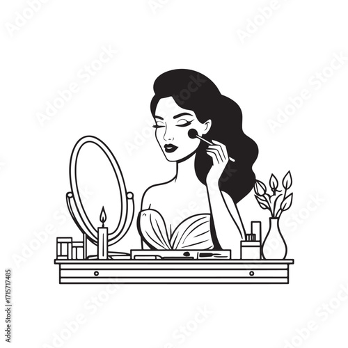 Black and white line art of a beautiful woman doing makeup at dressing table with mirror illustration
