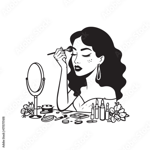 Black and white line art of a beautiful woman doing makeup at dressing table with mirror illustration
