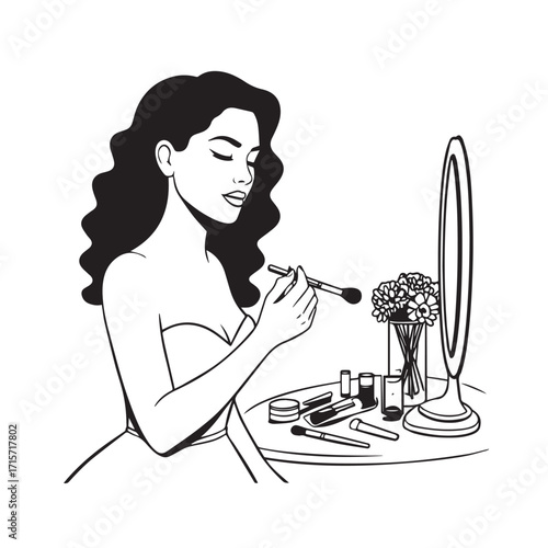 Black and white line art of a beautiful woman doing makeup at dressing table with mirror illustration

