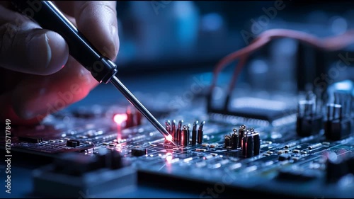 Hand with screwdriver repairing electronic circuit board. Concept of technology and innovation
