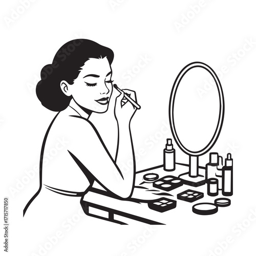 Black and white line art of a beautiful woman doing makeup at dressing table with mirror illustration

