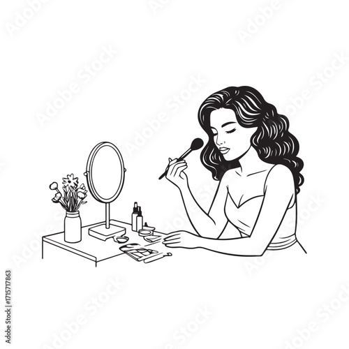Black and white line art of a beautiful woman doing makeup at dressing table with mirror illustration

